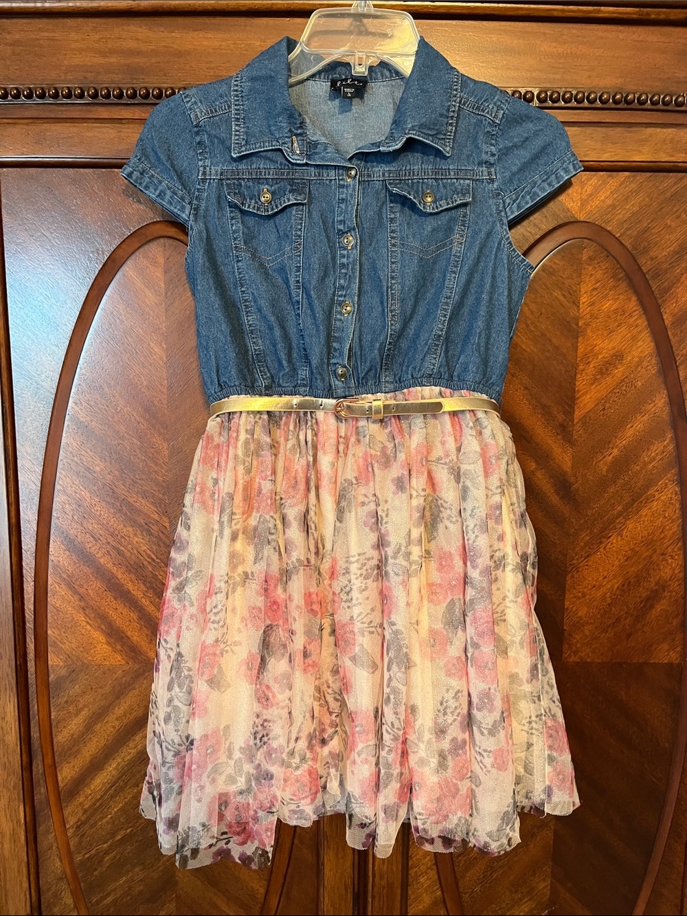 lilt Denim-Style Blue Top with Floral Pink Layered Skirt and Gold Belt Dress